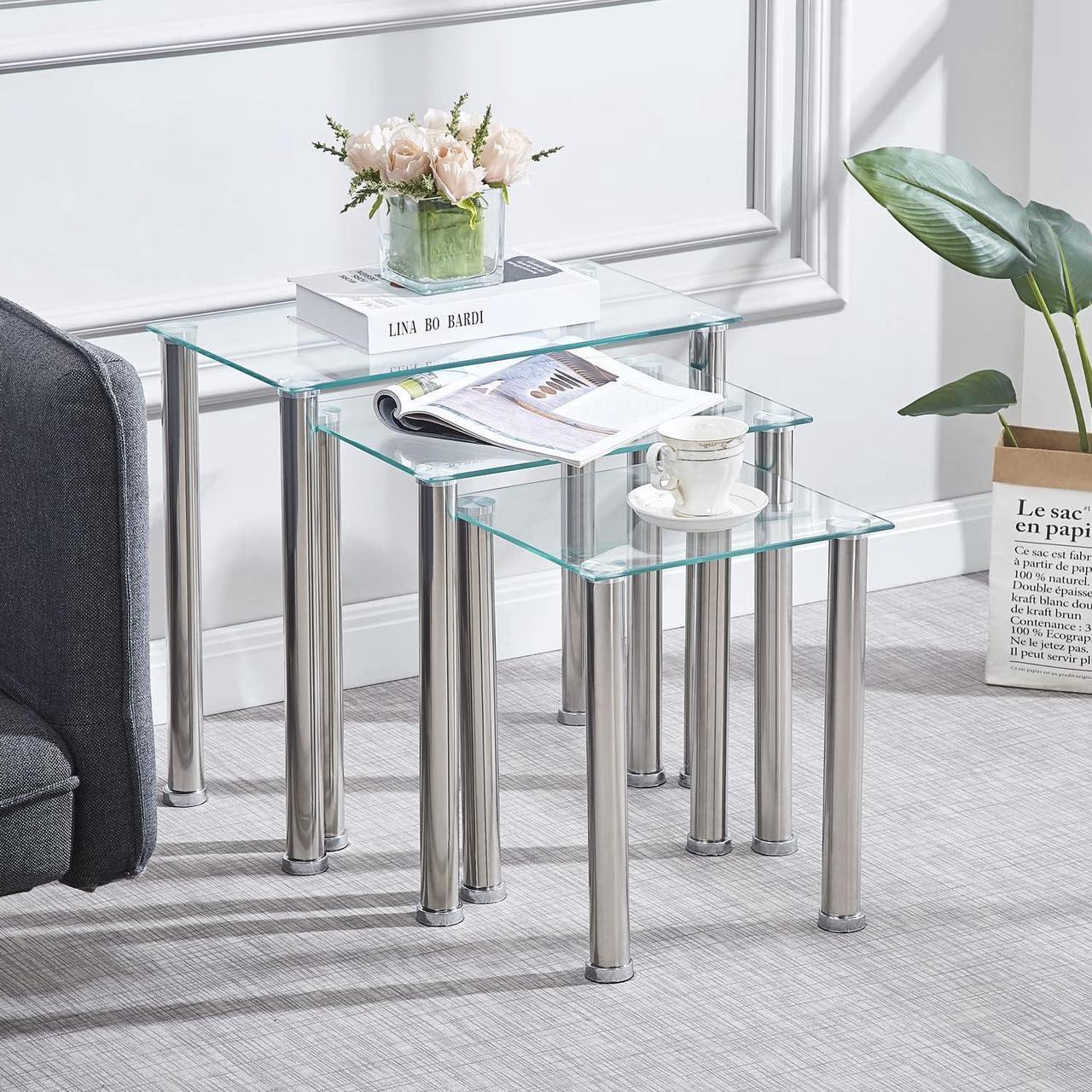 Main image of Nesting Table Set of 3, Living Room Nesting Side Table, Sofa Side Nest of 3 Table - Transparent Nesting End Coffee Table with Silver Legs