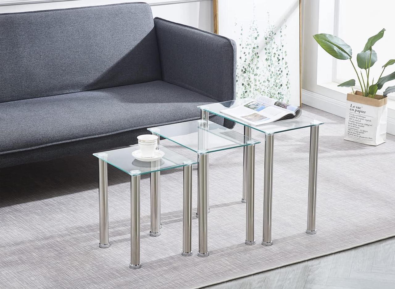 Alt view image 3 of 7 - Nesting Table Set of 3, Living Room Nesting Side Table, Sofa Side Nest of 3 Table - Transparent Nesting End Coffee Table with Silver Legs