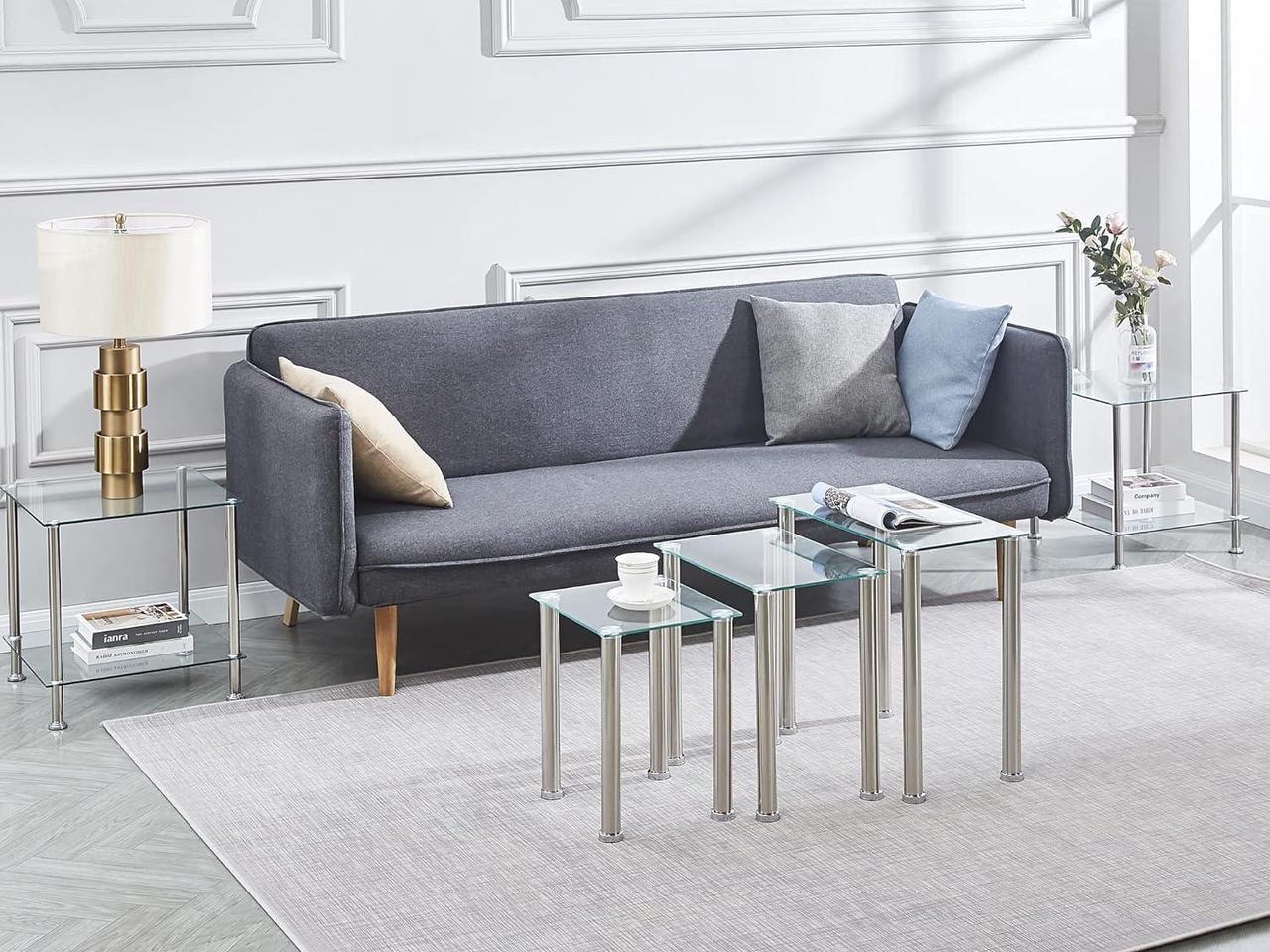 Alt view image 4 of 7 - Nesting Table Set of 3, Living Room Nesting Side Table, Sofa Side Nest of 3 Table - Transparent Nesting End Coffee Table with Silver Legs
