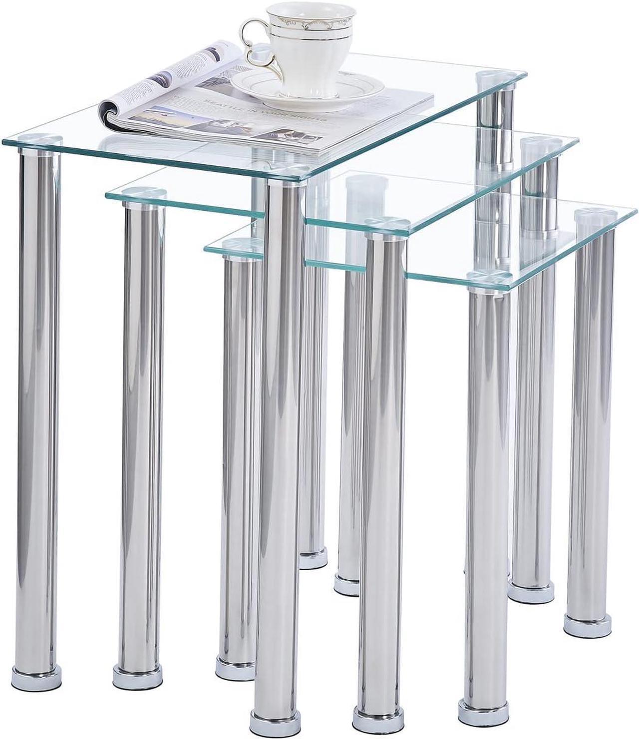 Alt view image 6 of 7 - Nesting Table Set of 3, Living Room Nesting Side Table, Sofa Side Nest of 3 Table - Transparent Nesting End Coffee Table with Silver Legs
