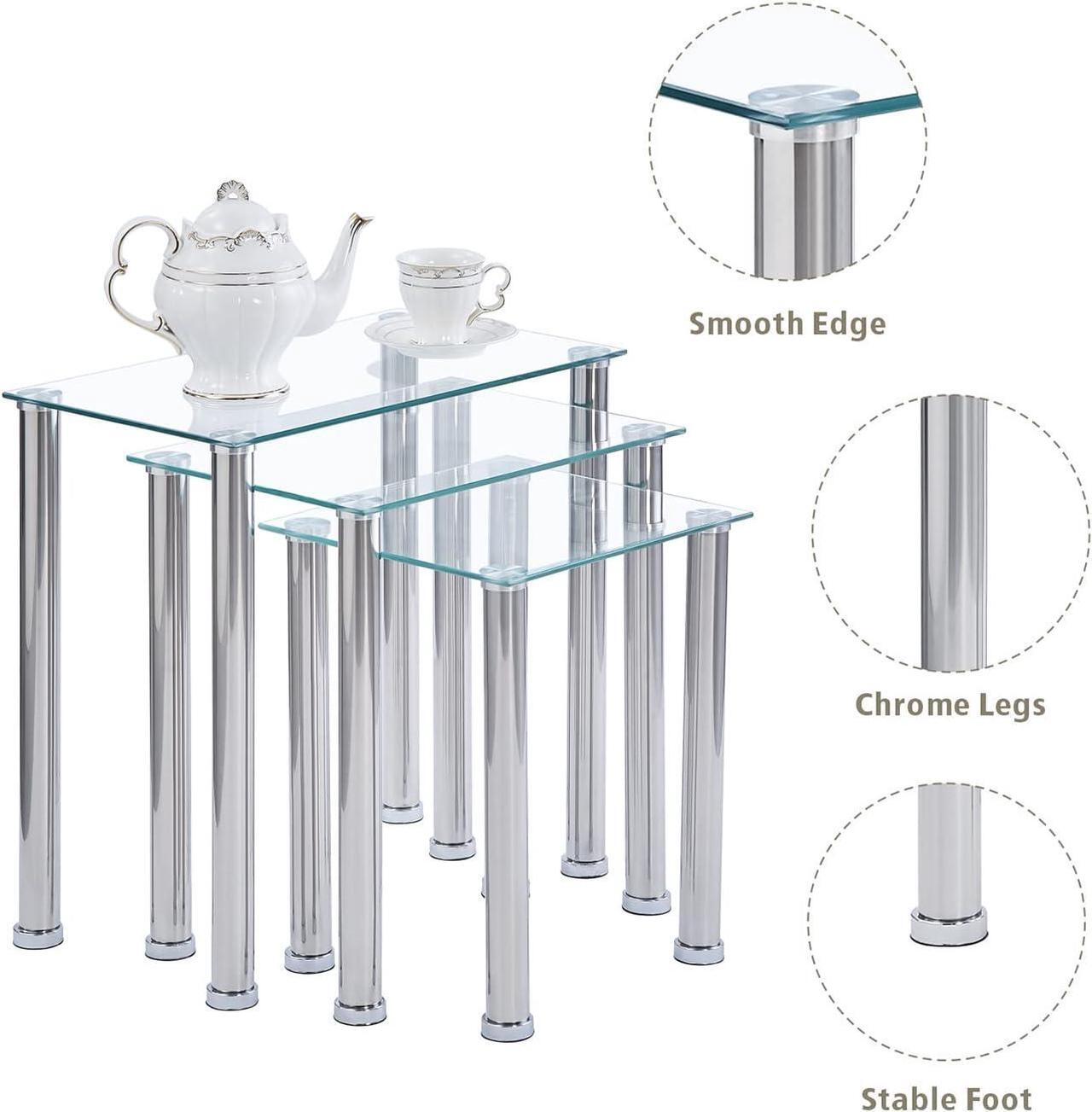 Alt view image 7 of 7 - Nesting Table Set of 3, Living Room Nesting Side Table, Sofa Side Nest of 3 Table - Transparent Nesting End Coffee Table with Silver Legs