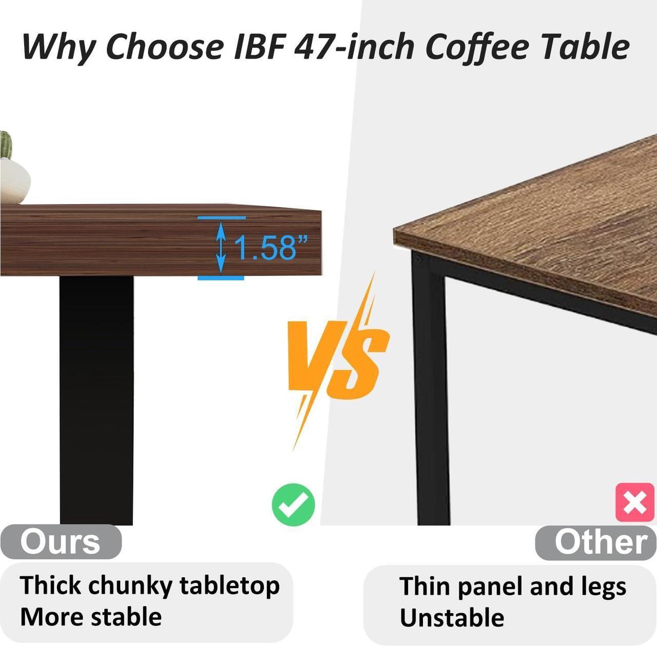 Alt view image 4 of 7 - IBF Rustic Coffee Table, Simple Vintage Center Table, Minimalist Industrial Living Room Table, Farmhouse Wood and Metal Rectangle Tea Coffee Table for Home Bedroom Office, Walnut, 47 Inch
