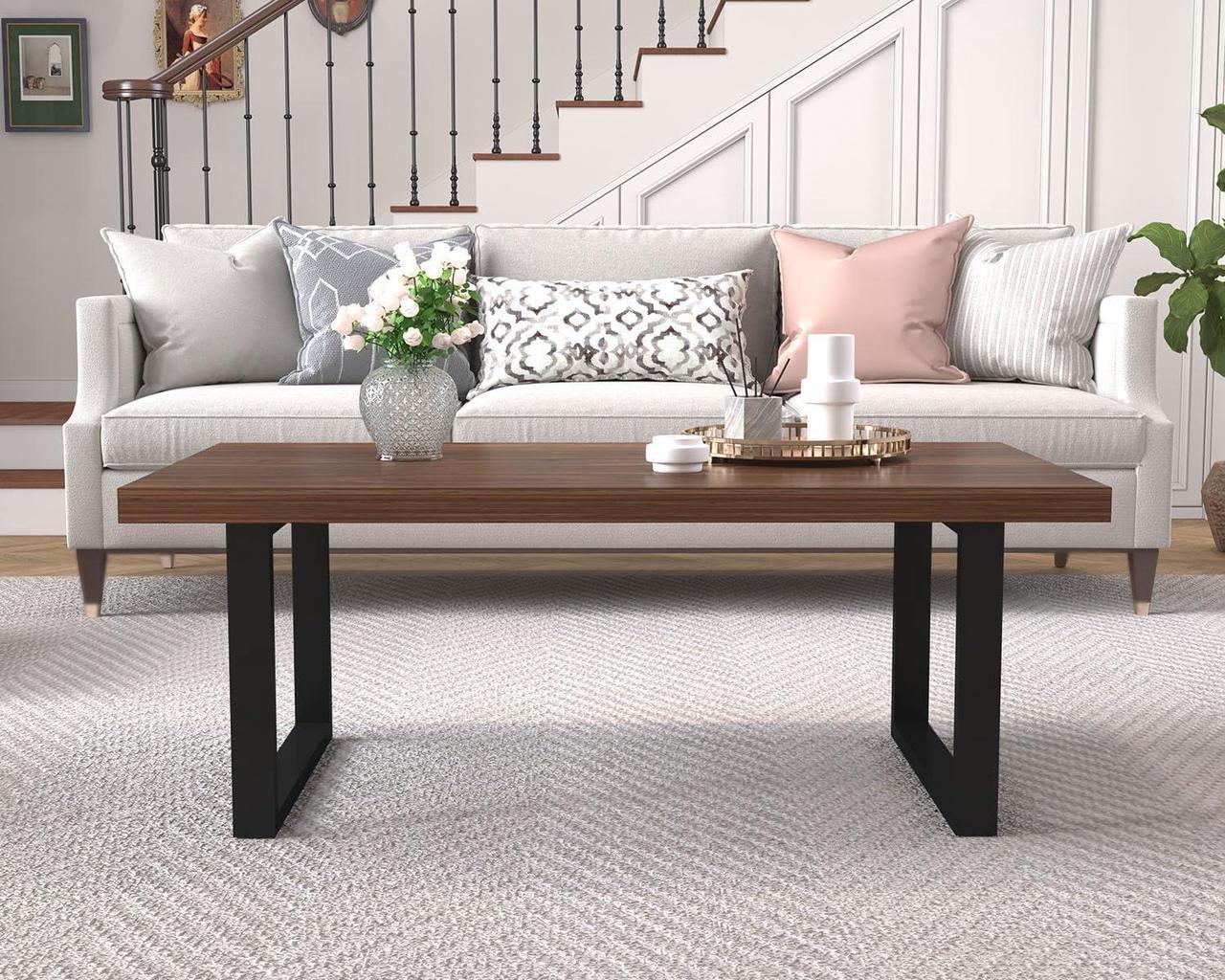 Alt view image 7 of 7 - IBF Rustic Coffee Table, Simple Vintage Center Table, Minimalist Industrial Living Room Table, Farmhouse Wood and Metal Rectangle Tea Coffee Table for Home Bedroom Office, Walnut, 47 Inch