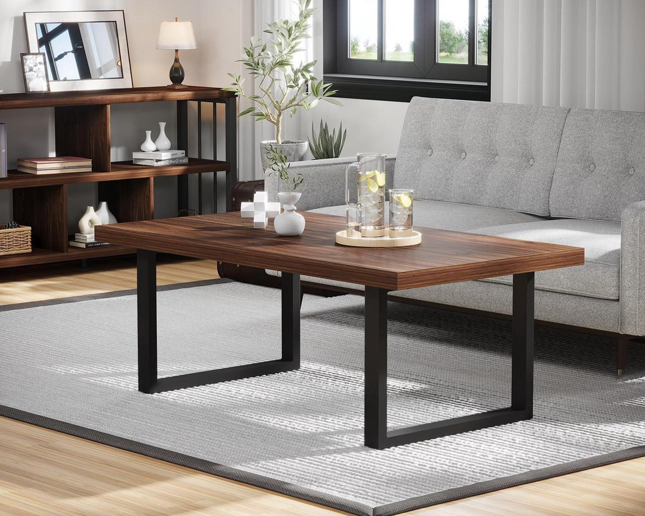 Main image of IBF Rustic Coffee Table, Simple Vintage Center Table, Minimalist Industrial Living Room Table, Farmhouse Wood and Metal Rectangle Tea Coffee Table for Home Bedroom Office, Walnut, 47 Inch