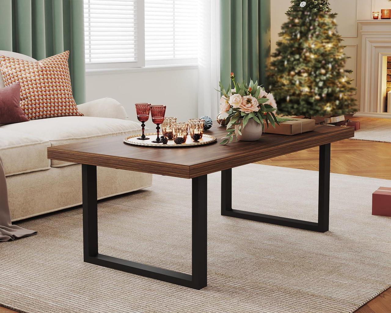 Alt view image 6 of 7 - IBF Rustic Coffee Table, Simple Vintage Center Table, Minimalist Industrial Living Room Table, Farmhouse Wood and Metal Rectangle Tea Coffee Table for Home Bedroom Office, Walnut, 47 Inch