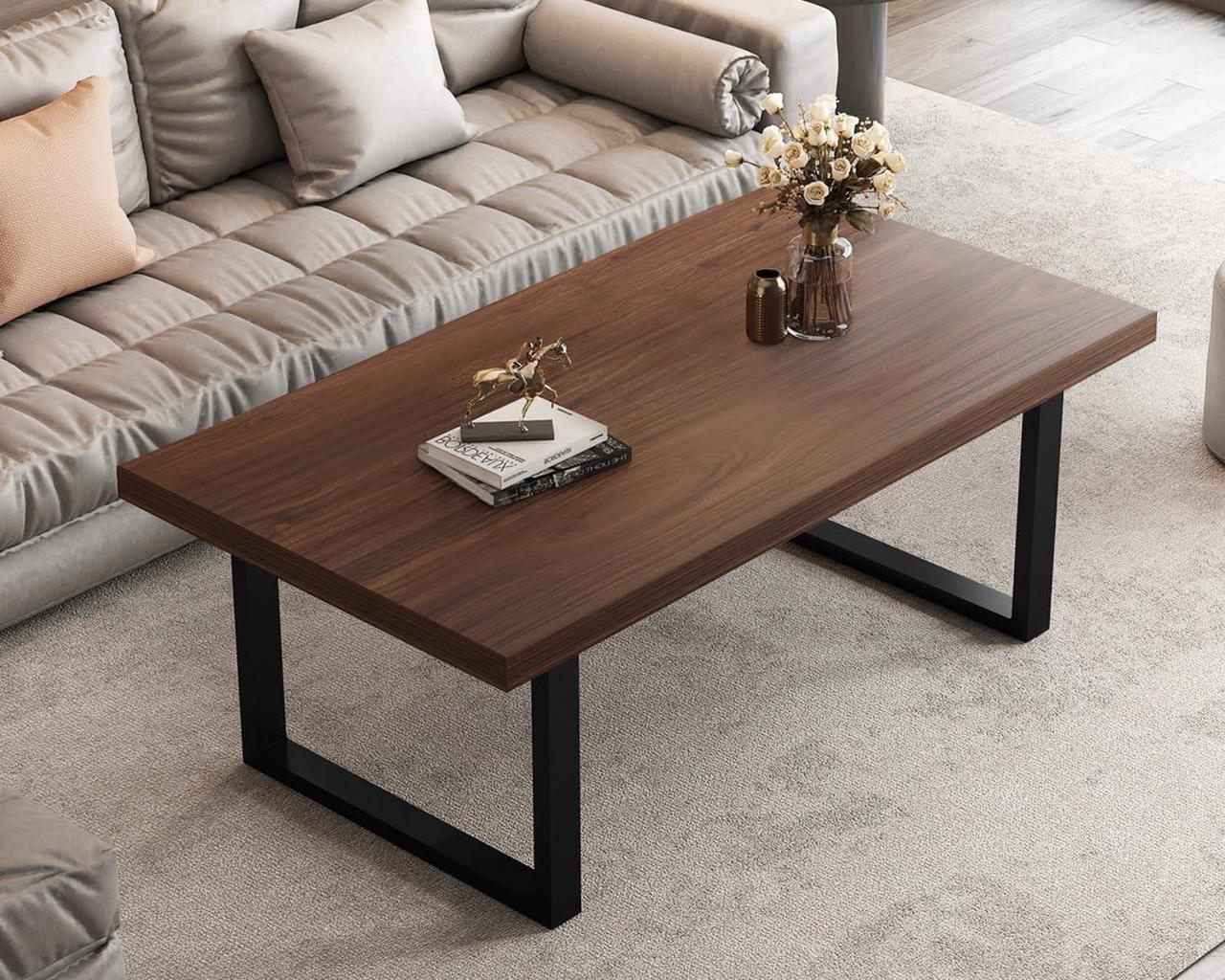 Alt view image 3 of 7 - IBF Rustic Coffee Table, Simple Vintage Center Table, Minimalist Industrial Living Room Table, Farmhouse Wood and Metal Rectangle Tea Coffee Table for Home Bedroom Office, Walnut, 47 Inch