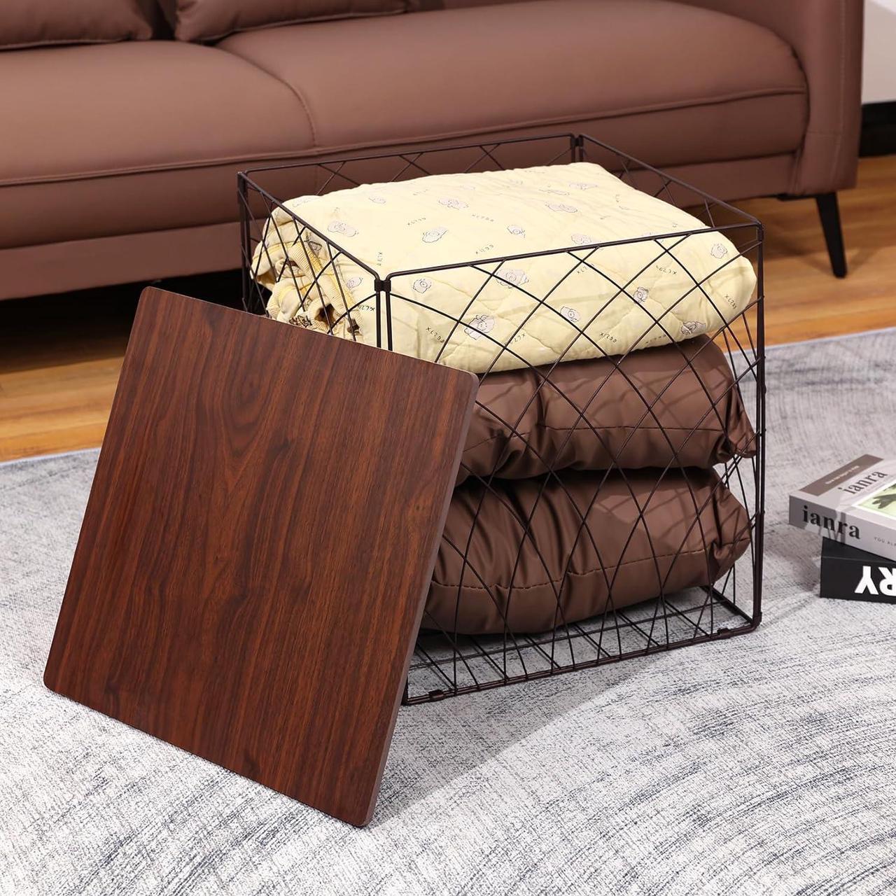Alt view image 5 of 7 - Small Coffee Table Storage, Square End Tables Blanket Basket with Lid for Living Room Folding Storage Side Table 1 Pack