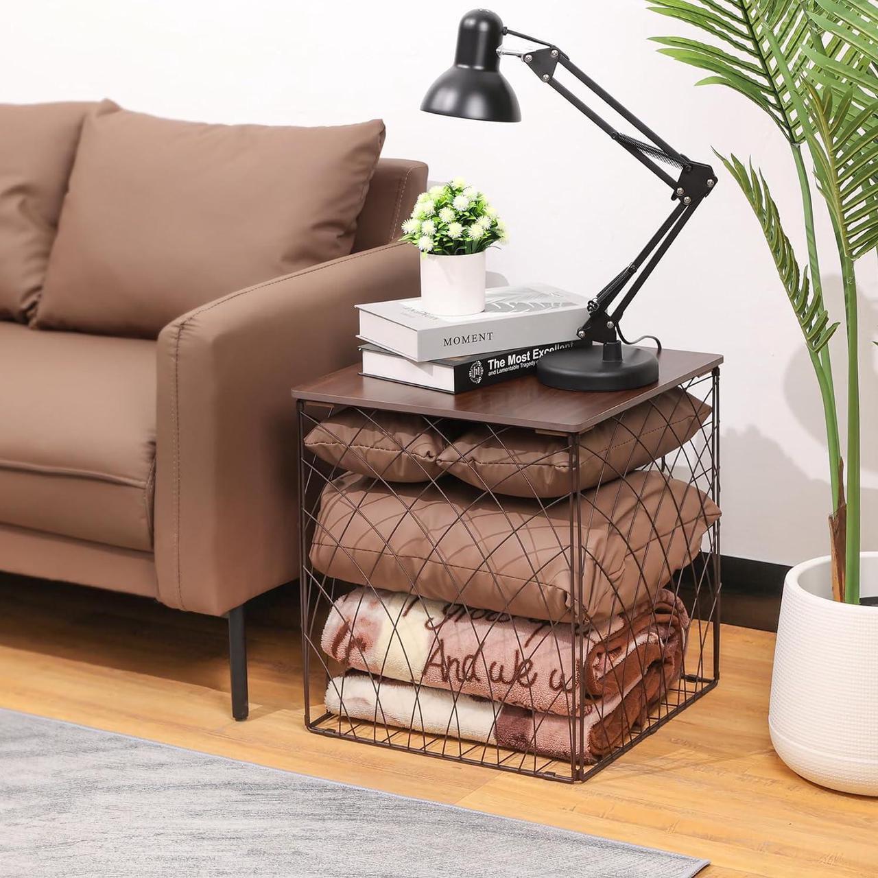 Alt view image 7 of 7 - Small Coffee Table Storage, Square End Tables Blanket Basket with Lid for Living Room Folding Storage Side Table 1 Pack