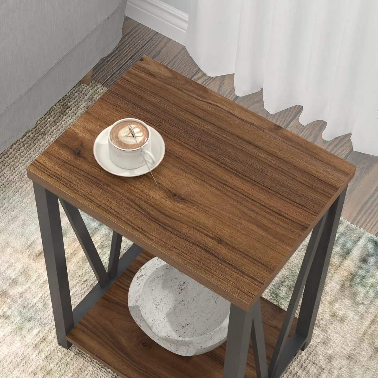 Alt view image 4 of 7 - FOLUBAN Small End Table, Rustic Wood and Metal Side Table with Storage, Modern Night Stand for Living Room Bedroom Office, Walnut