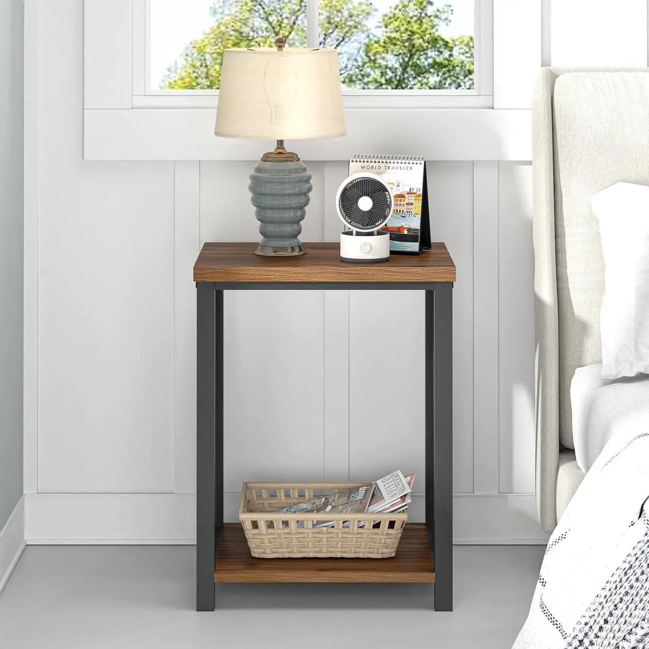 Alt view image 5 of 7 - FOLUBAN Small End Table, Rustic Wood and Metal Side Table with Storage, Modern Night Stand for Living Room Bedroom Office, Walnut