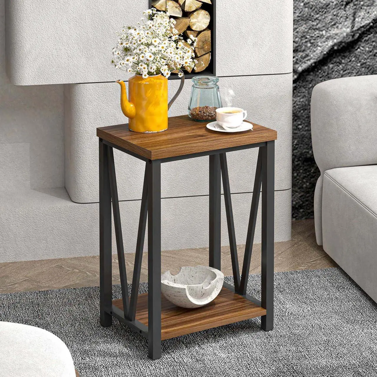 Alt view image 3 of 7 - FOLUBAN Small End Table, Rustic Wood and Metal Side Table with Storage, Modern Night Stand for Living Room Bedroom Office, Walnut
