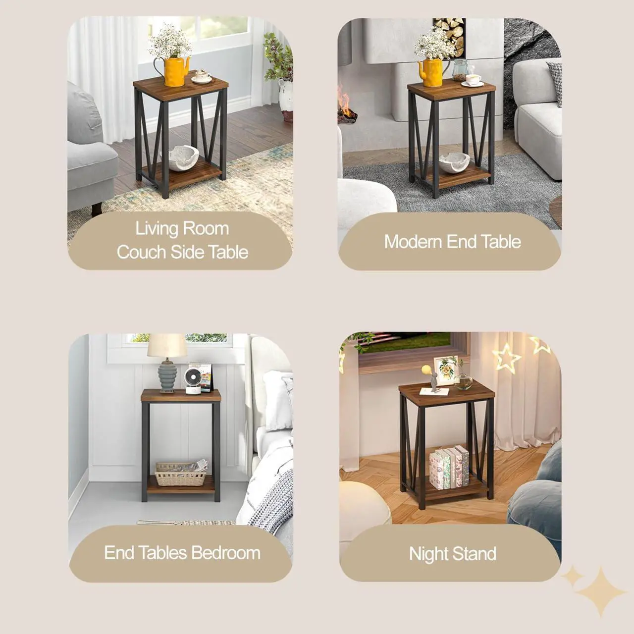 Alt view image 6 of 7 - FOLUBAN Small End Table, Rustic Wood and Metal Side Table with Storage, Modern Night Stand for Living Room Bedroom Office, Walnut