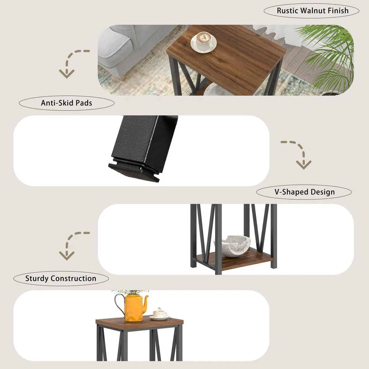 Alt view image 7 of 7 - FOLUBAN Small End Table, Rustic Wood and Metal Side Table with Storage, Modern Night Stand for Living Room Bedroom Office, Walnut