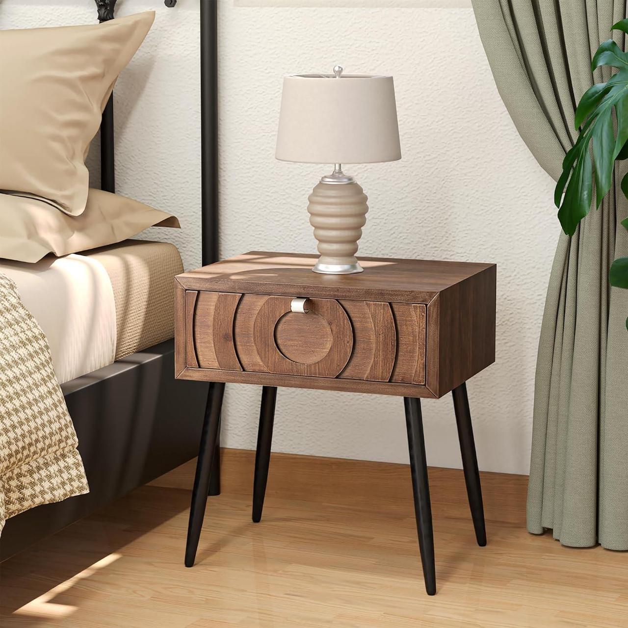 Main image of SUNBURY End Table Living Room Small Side Table w Drawer, 19" Brown Side Table Retro Nightstand, Lightweight MDF Accent End Table, Bed Side Table