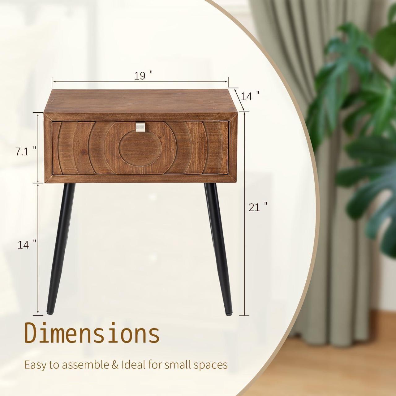 Alt view image 2 of 7 - SUNBURY End Table Living Room Small Side Table w Drawer, 19" Brown Side Table Retro Nightstand, Lightweight MDF Accent End Table, Bed Side Table