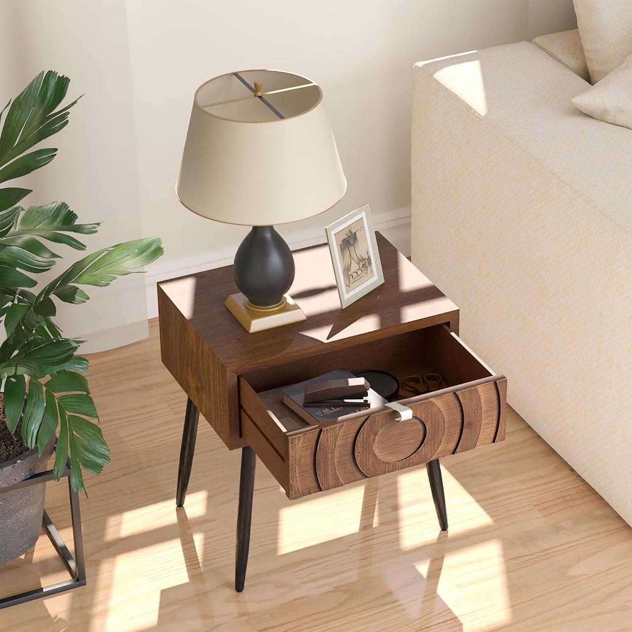Alt view image 3 of 7 - SUNBURY End Table Living Room Small Side Table w Drawer, 19" Brown Side Table Retro Nightstand, Lightweight MDF Accent End Table, Bed Side Table