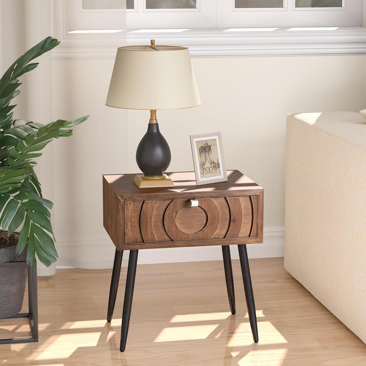Alt view image 4 of 7 - SUNBURY End Table Living Room Small Side Table w Drawer, 19" Brown Side Table Retro Nightstand, Lightweight MDF Accent End Table, Bed Side Table