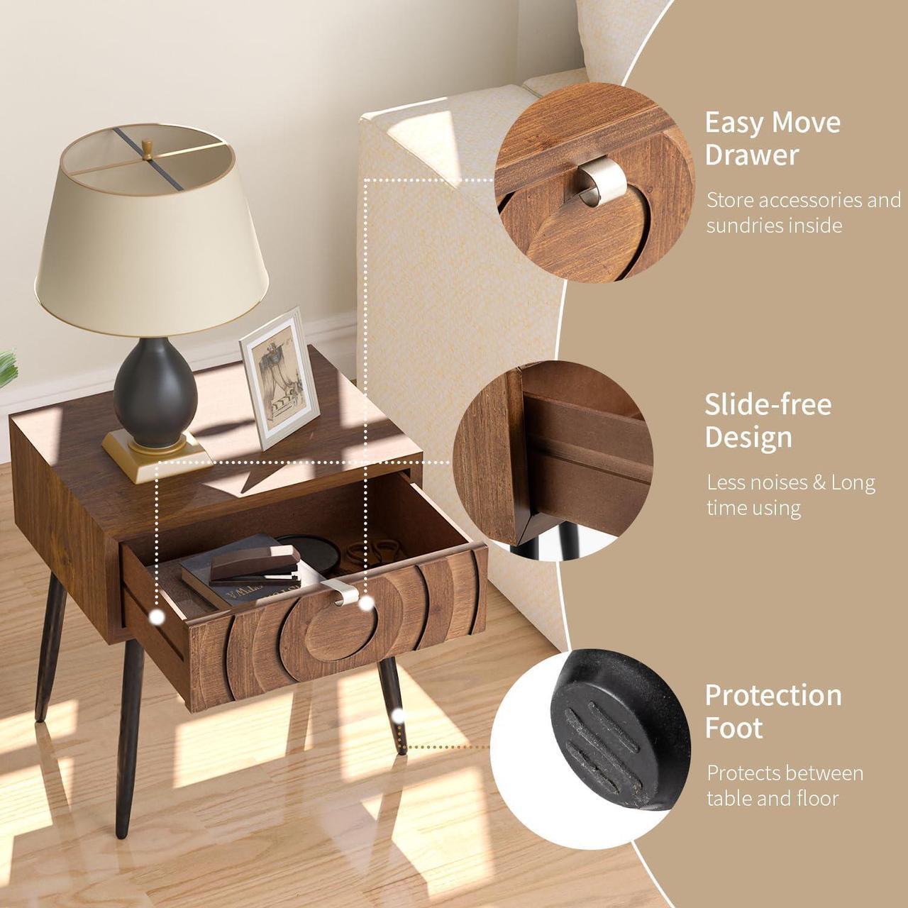 Alt view image 5 of 7 - SUNBURY End Table Living Room Small Side Table w Drawer, 19" Brown Side Table Retro Nightstand, Lightweight MDF Accent End Table, Bed Side Table