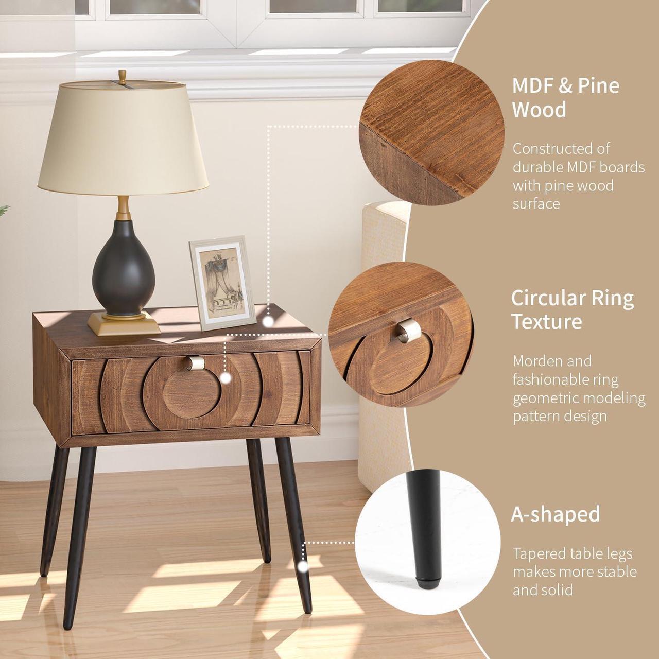 Alt view image 6 of 7 - SUNBURY End Table Living Room Small Side Table w Drawer, 19" Brown Side Table Retro Nightstand, Lightweight MDF Accent End Table, Bed Side Table