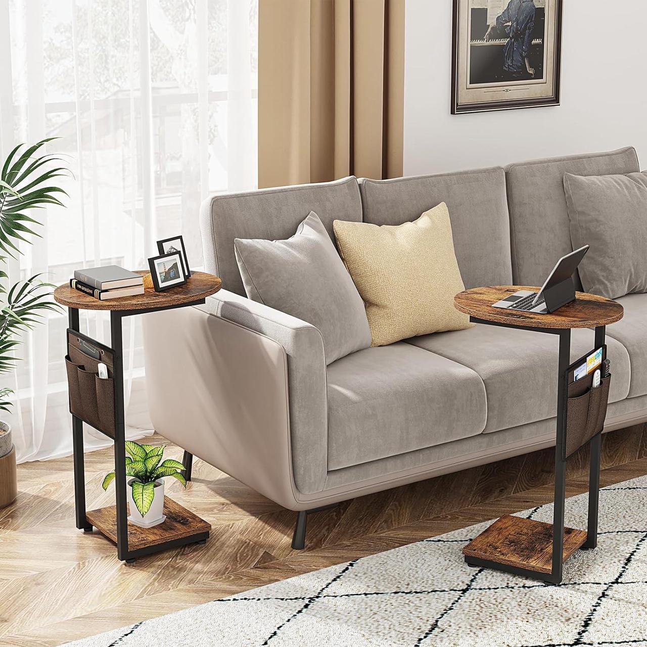 Alt view image 2 of 7 - Vagusicc C Shaped End Table for Couch, Small Side Table for Couch, Small Couch Side Table for Small Spaces, Side Table Slide Under Sofa Table TV Tray with Metal Frame for Living Room, Bedroom (Brown)