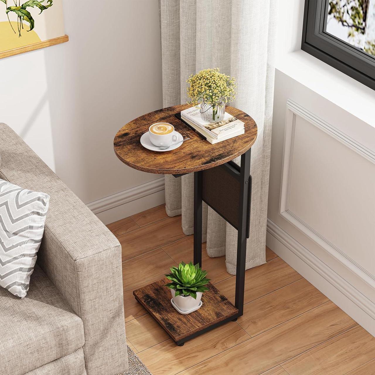 Alt view image 4 of 7 - Vagusicc C Shaped End Table for Couch, Small Side Table for Couch, Small Couch Side Table for Small Spaces, Side Table Slide Under Sofa Table TV Tray with Metal Frame for Living Room, Bedroom (Brown)