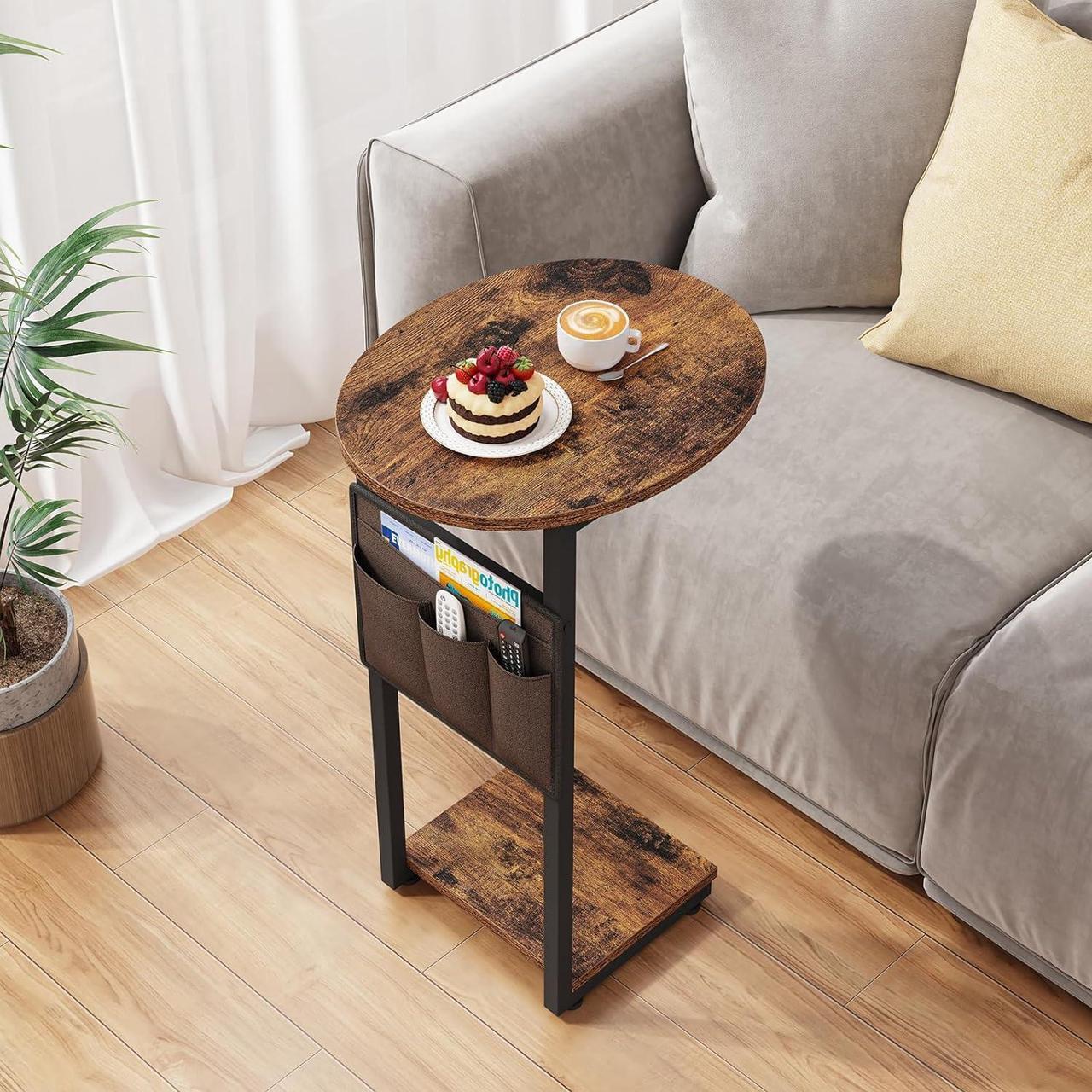 Alt view image 5 of 7 - Vagusicc C Shaped End Table for Couch, Small Side Table for Couch, Small Couch Side Table for Small Spaces, Side Table Slide Under Sofa Table TV Tray with Metal Frame for Living Room, Bedroom (Brown)