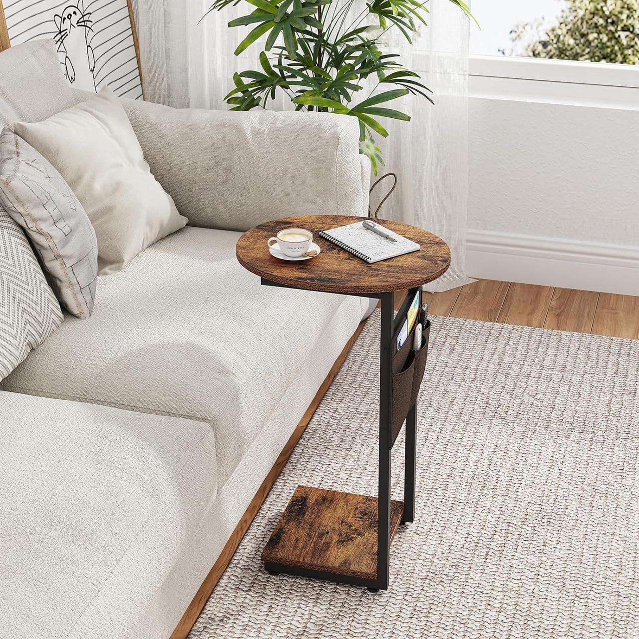 Alt view image 6 of 7 - Vagusicc C Shaped End Table for Couch, Small Side Table for Couch, Small Couch Side Table for Small Spaces, Side Table Slide Under Sofa Table TV Tray with Metal Frame for Living Room, Bedroom (Brown)