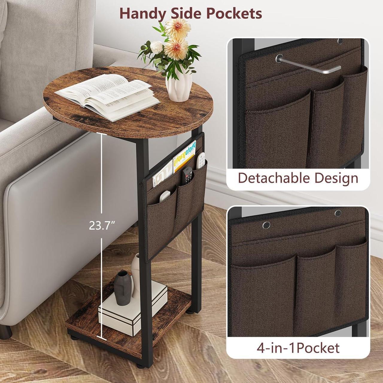 Alt view image 7 of 7 - Vagusicc C Shaped End Table for Couch, Small Side Table for Couch, Small Couch Side Table for Small Spaces, Side Table Slide Under Sofa Table TV Tray with Metal Frame for Living Room, Bedroom (Brown)