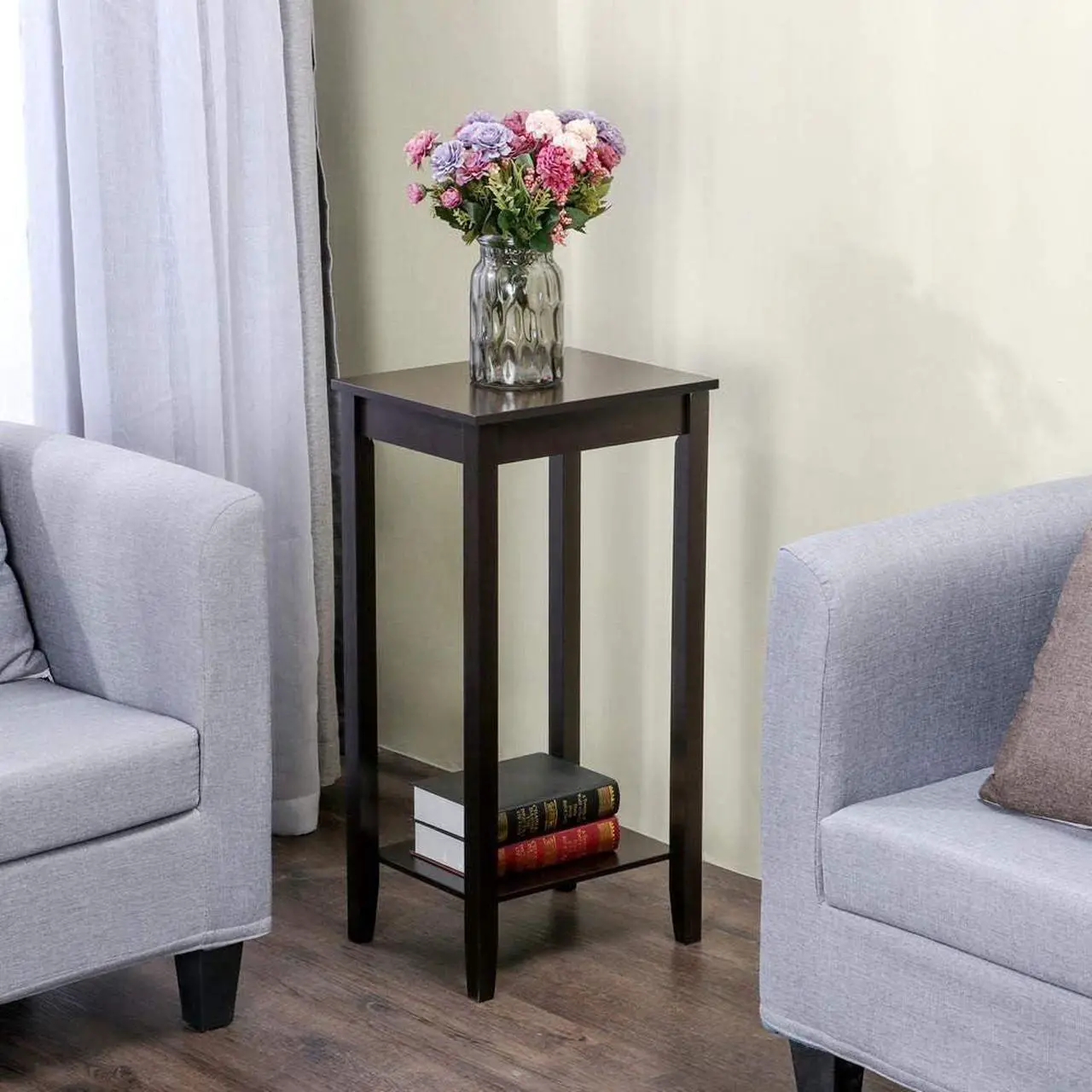 Alt view image 4 of 7 - Yaheetech 2 Tier Wood Tall End Table Sofa Side Snack Table Multipurpose Small Table for Living Room, Dark Coffee