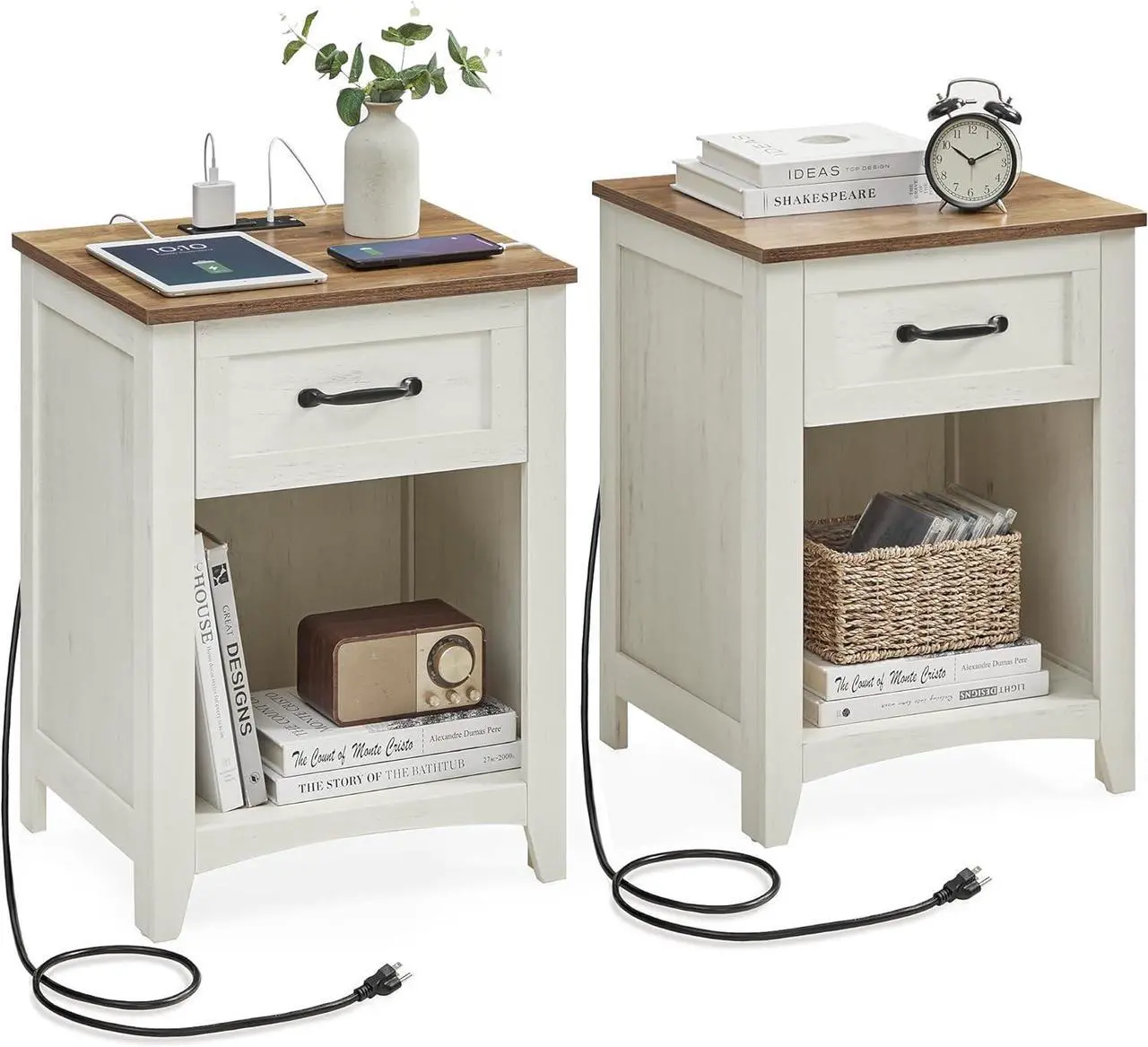 Main image of VASAGLE Farmhouse Nightstands with Charging Station, Set of 2, Bedside Tables with Drawer, Open Compartment, Side Tables with Storage, for Bedroom, Rustic White and Honey Brown ULET859K41