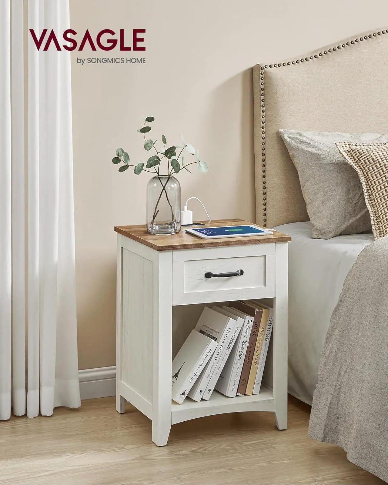 Alt view image 2 of 7 - VASAGLE Farmhouse Nightstands with Charging Station, Set of 2, Bedside Tables with Drawer, Open Compartment, Side Tables with Storage, for Bedroom, Rustic White and Honey Brown ULET859K41