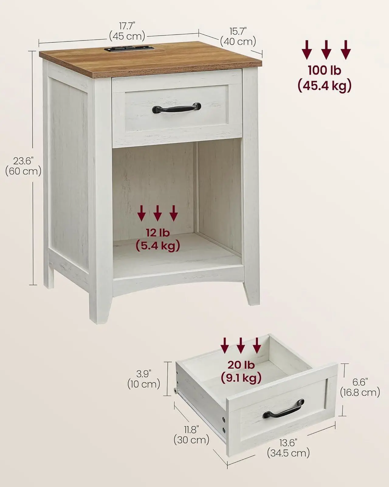 Alt view image 3 of 7 - VASAGLE Farmhouse Nightstands with Charging Station, Set of 2, Bedside Tables with Drawer, Open Compartment, Side Tables with Storage, for Bedroom, Rustic White and Honey Brown ULET859K41