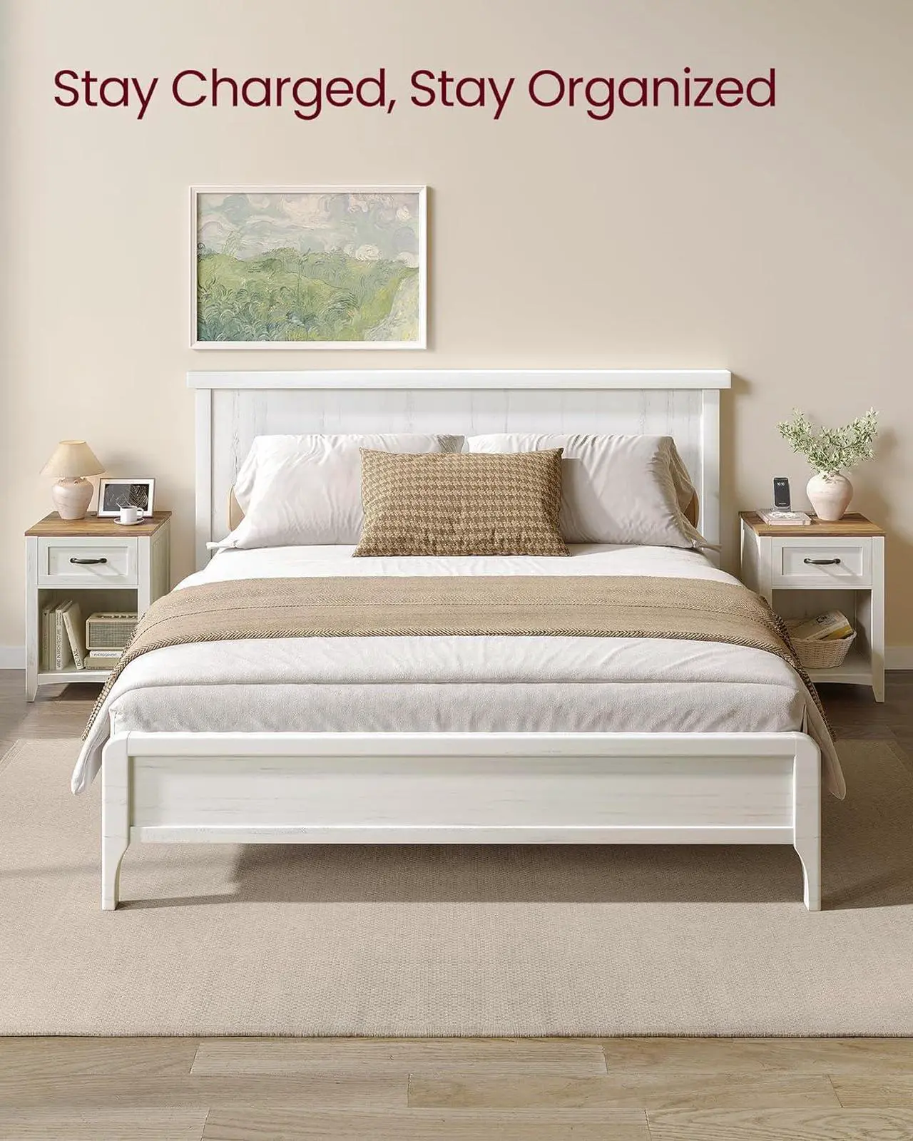Alt view image 4 of 7 - VASAGLE Farmhouse Nightstands with Charging Station, Set of 2, Bedside Tables with Drawer, Open Compartment, Side Tables with Storage, for Bedroom, Rustic White and Honey Brown ULET859K41