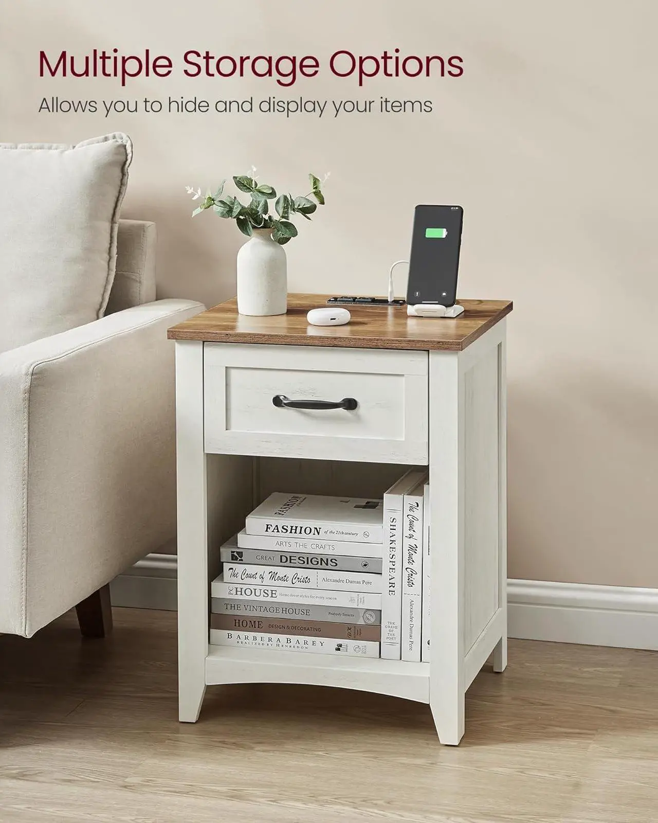 Alt view image 6 of 7 - VASAGLE Farmhouse Nightstands with Charging Station, Set of 2, Bedside Tables with Drawer, Open Compartment, Side Tables with Storage, for Bedroom, Rustic White and Honey Brown ULET859K41