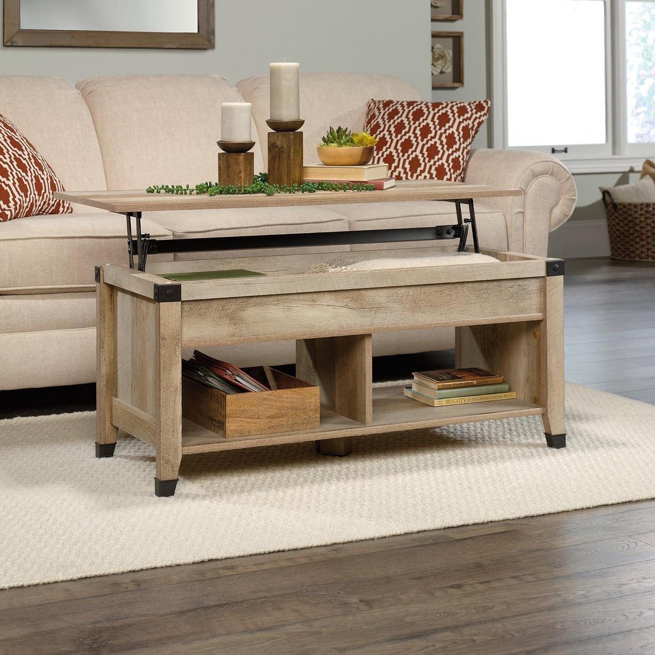Alt view image 5 of 7 - Sauder Carson Forge Rustic Lift Top Coffee Storage Industrial Living Room Table, L: 43.15" x W: 19.45" x H: 18.98", Lintel Oak Finish