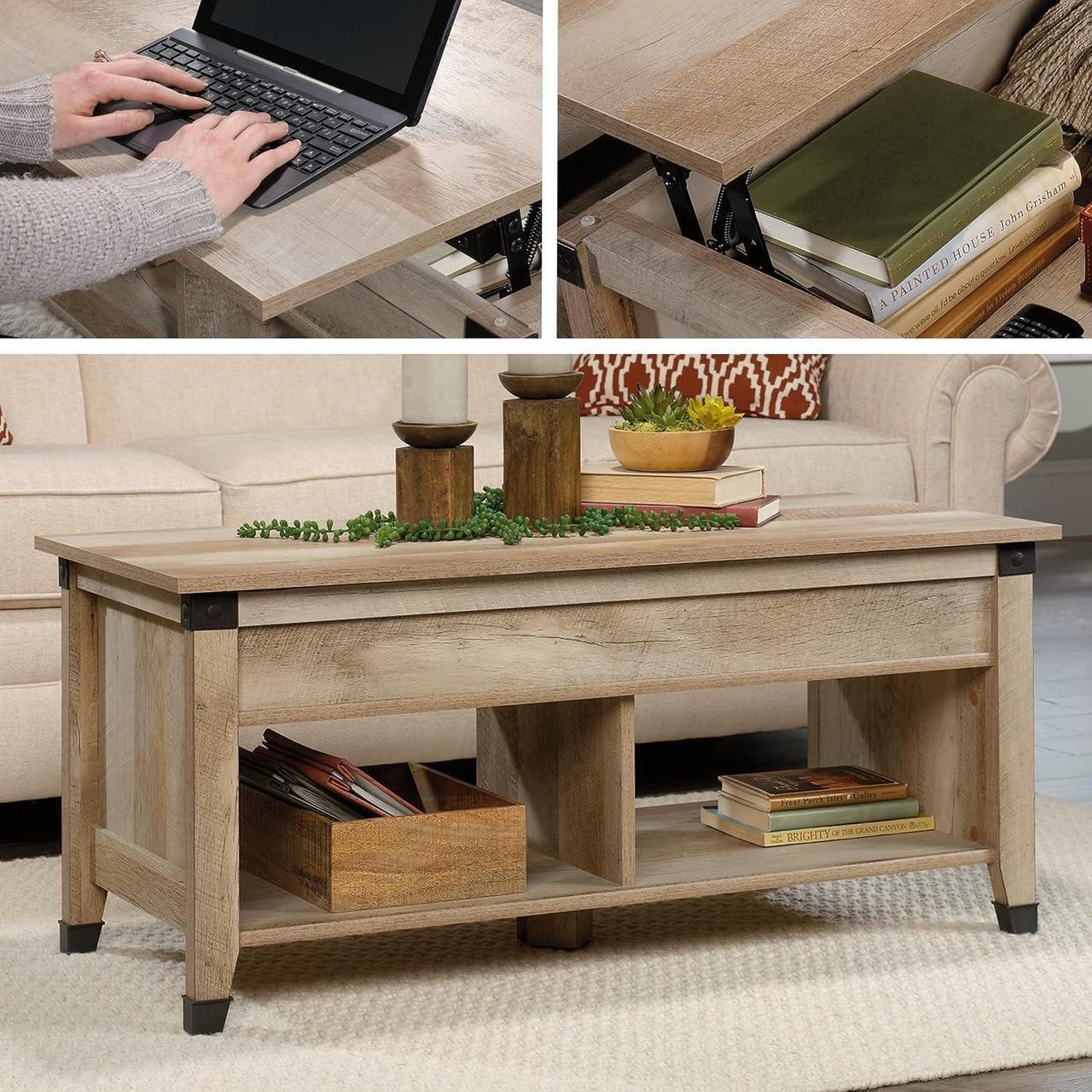Alt view image 6 of 7 - Sauder Carson Forge Rustic Lift Top Coffee Storage Industrial Living Room Table, L: 43.15" x W: 19.45" x H: 18.98", Lintel Oak Finish