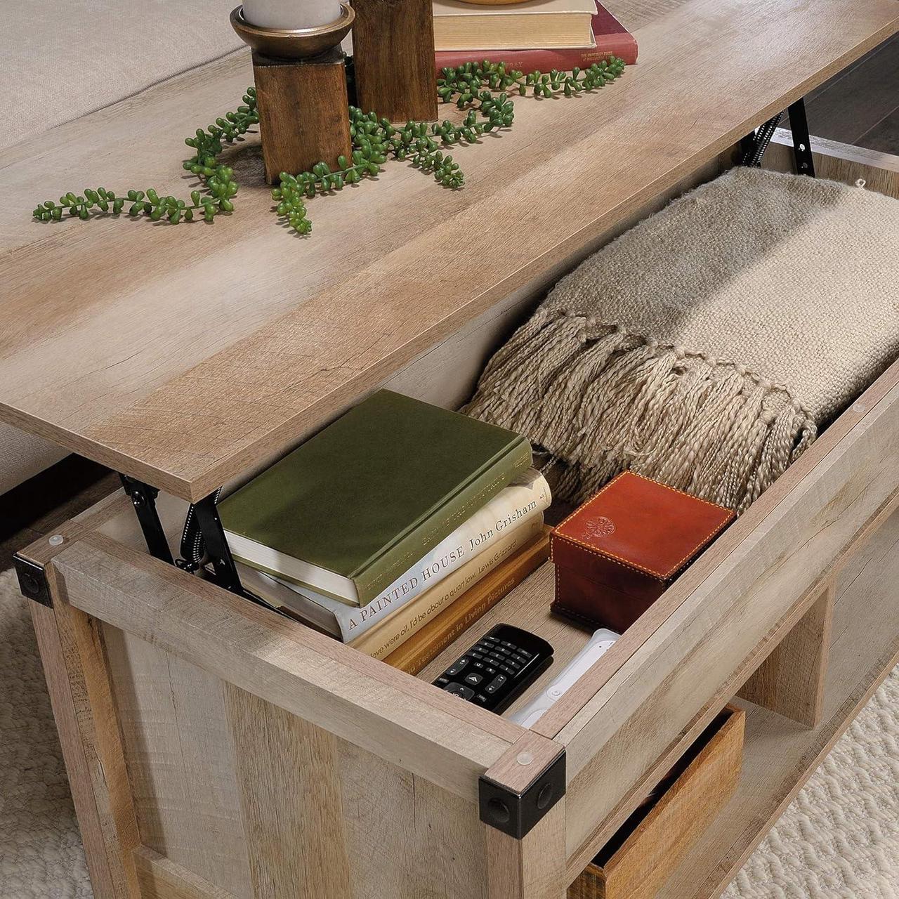Alt view image 7 of 7 - Sauder Carson Forge Rustic Lift Top Coffee Storage Industrial Living Room Table, L: 43.15" x W: 19.45" x H: 18.98", Lintel Oak Finish