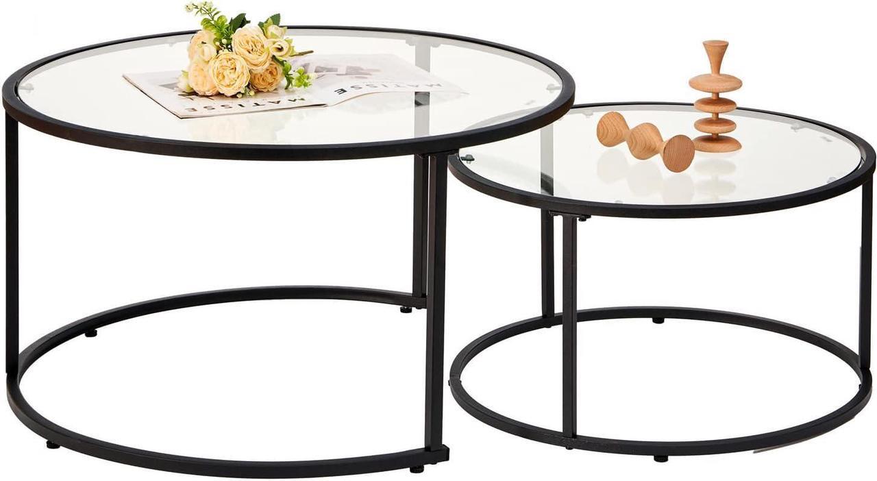 Main image of Nesting Coffee Glass Tables Set of 2, Large Size (Dia31.5'') Round Coffee Table for Living Room, Bedroom, Modern Table with Clear Tempered Glass (Black Frame, Large Size)(61700211)