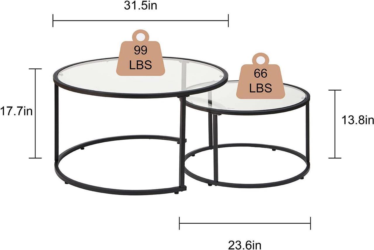Alt view image 2 of 7 - Nesting Coffee Glass Tables Set of 2, Large Size (Dia31.5'') Round Coffee Table for Living Room, Bedroom, Modern Table with Clear Tempered Glass (Black Frame, Large Size)(61700211)