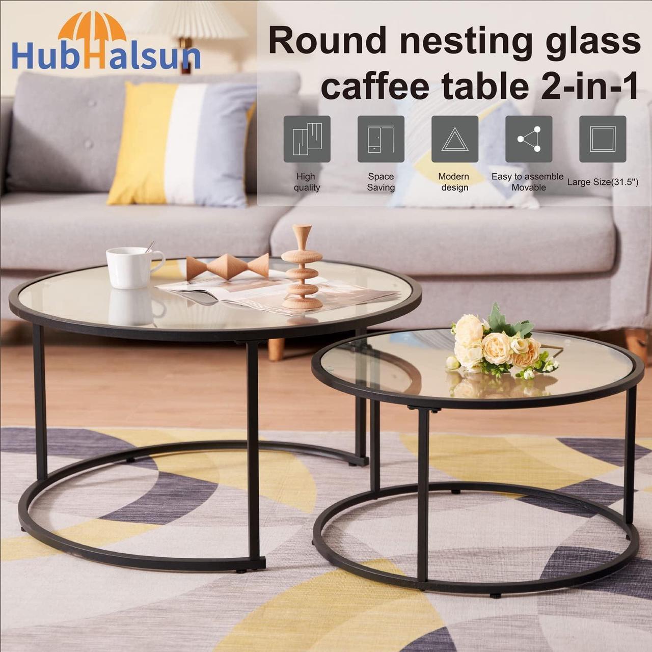 Alt view image 3 of 7 - Nesting Coffee Glass Tables Set of 2, Large Size (Dia31.5'') Round Coffee Table for Living Room, Bedroom, Modern Table with Clear Tempered Glass (Black Frame, Large Size)(61700211)