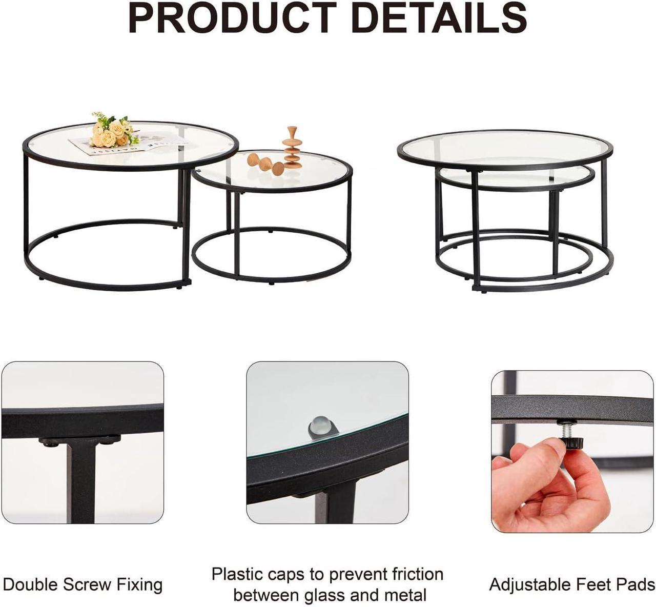 Alt view image 6 of 7 - Nesting Coffee Glass Tables Set of 2, Large Size (Dia31.5'') Round Coffee Table for Living Room, Bedroom, Modern Table with Clear Tempered Glass (Black Frame, Large Size)(61700211)