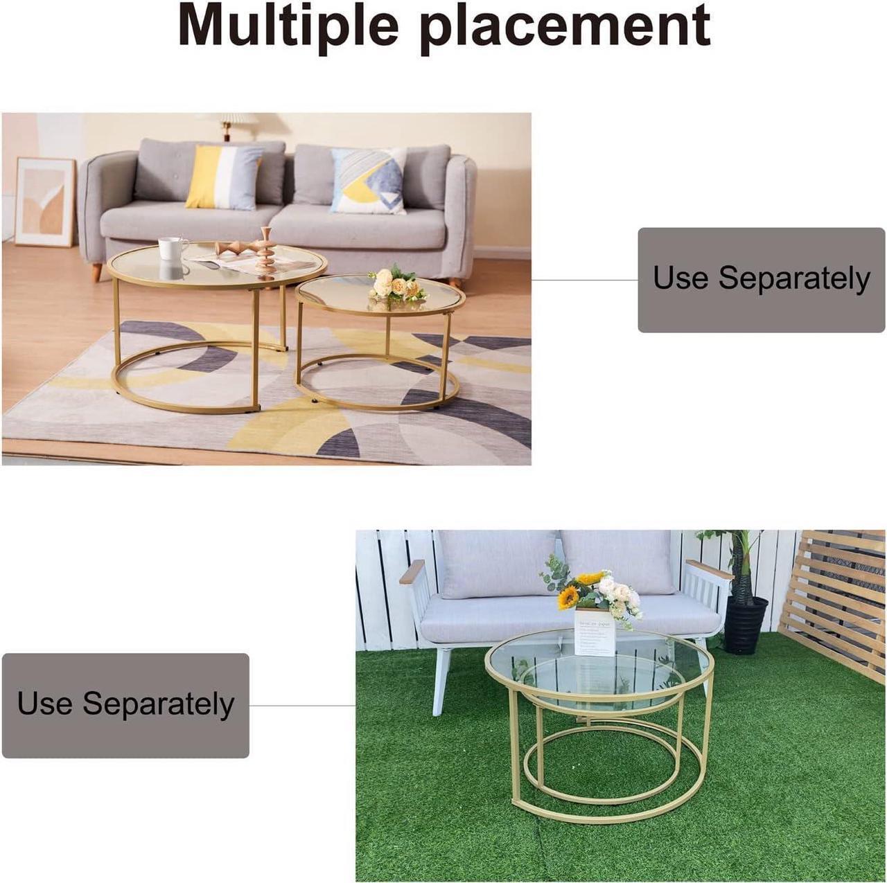 Alt view image 7 of 7 - Nesting Coffee Glass Tables Set of 2, Large Size (Dia31.5'') Round Coffee Table for Living Room, Bedroom, Modern Table with Clear Tempered Glass (Black Frame, Large Size)(61700211)