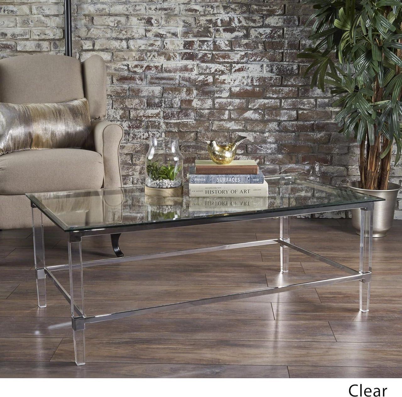 Alt view image 2 of 6 - Christopher Knight Home Bayla Modern Tempered Glass Rectangular Coffee Table with Acrylic and Iron Accents, Clear, 26 in x 48 in x 18 in