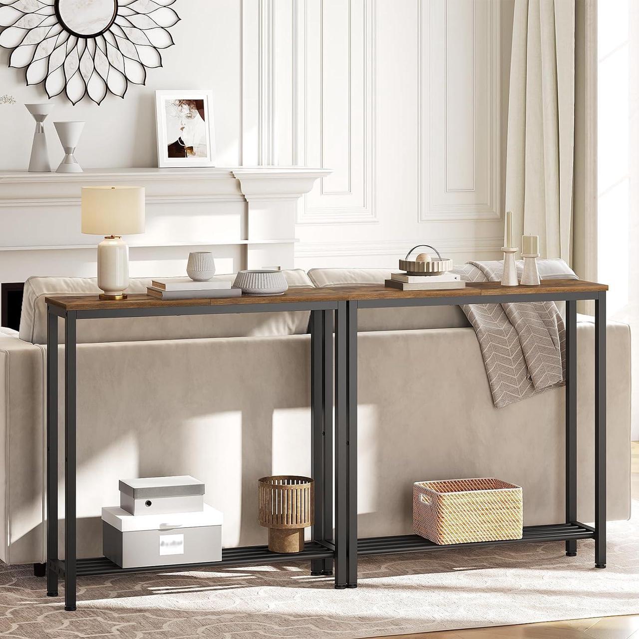 Alt view image 2 of 7 - Narrow Console Table, 2-Tier Small Sofa Table, 29.5" Thin Entryway Table, Behind Couch Table with Shelves, Industrial Hallway Table, for Living Room, Foyer, Rustic Brown and Black CT03BR