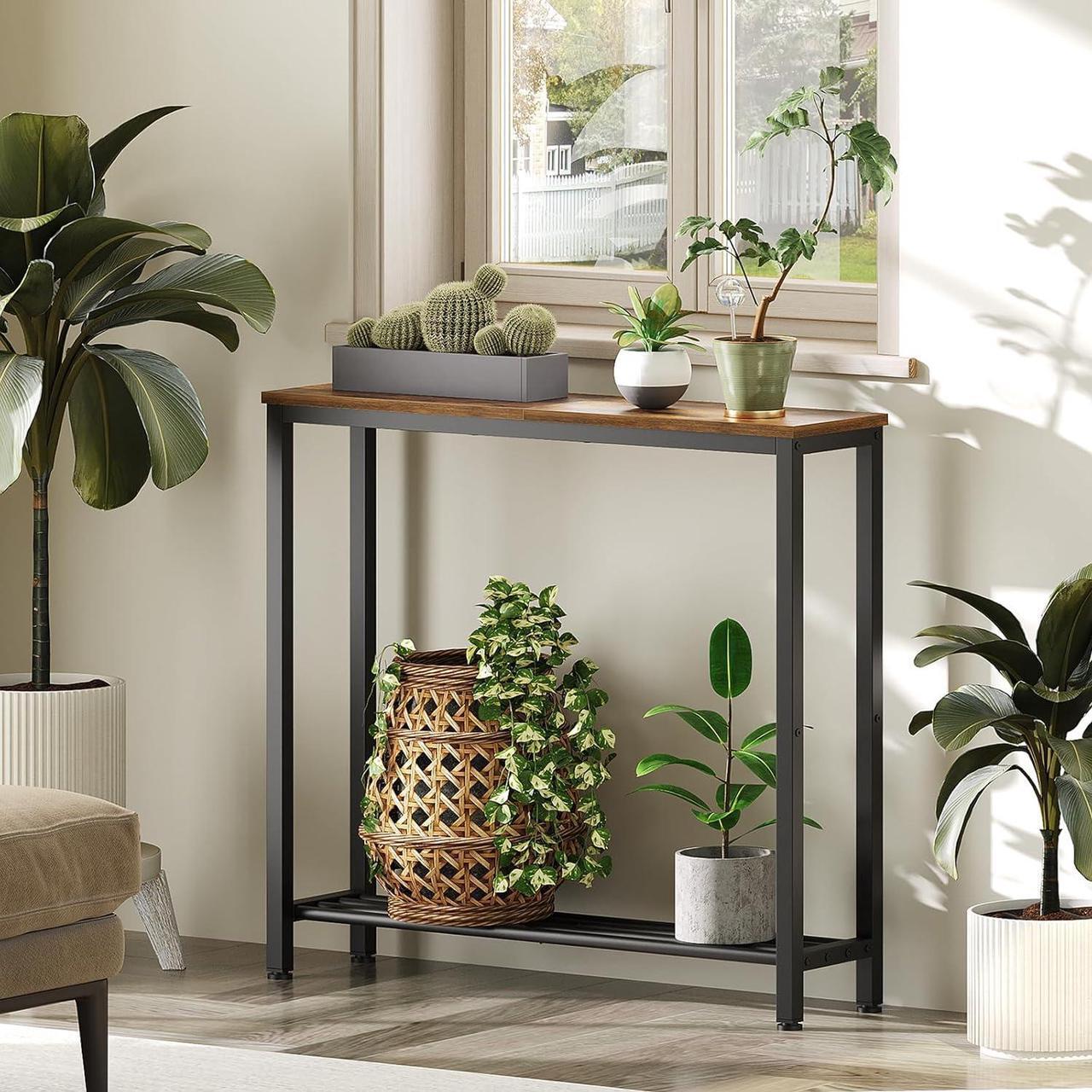 Alt view image 4 of 7 - Narrow Console Table, 2-Tier Small Sofa Table, 29.5" Thin Entryway Table, Behind Couch Table with Shelves, Industrial Hallway Table, for Living Room, Foyer, Rustic Brown and Black CT03BR