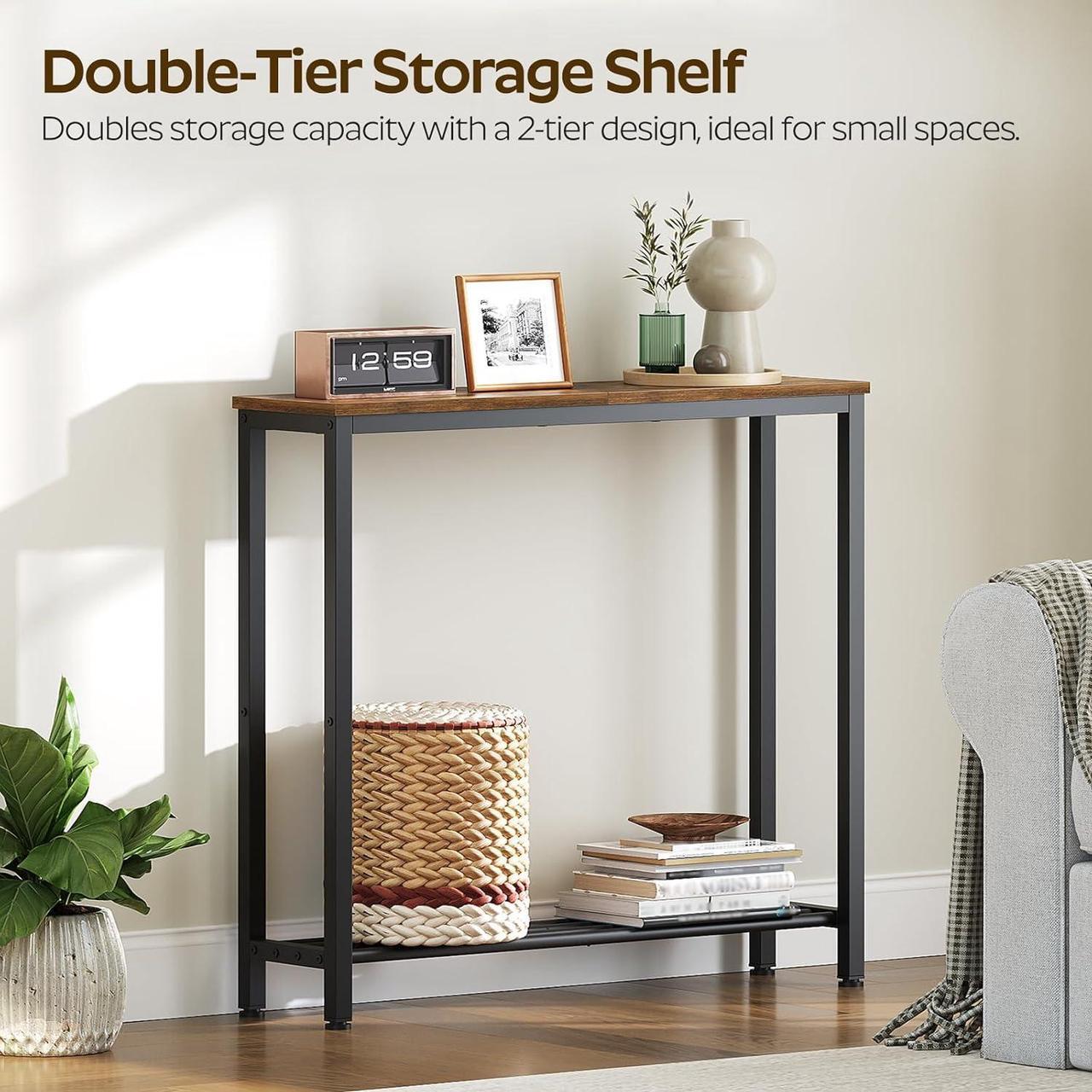 Alt view image 5 of 7 - Narrow Console Table, 2-Tier Small Sofa Table, 29.5" Thin Entryway Table, Behind Couch Table with Shelves, Industrial Hallway Table, for Living Room, Foyer, Rustic Brown and Black CT03BR