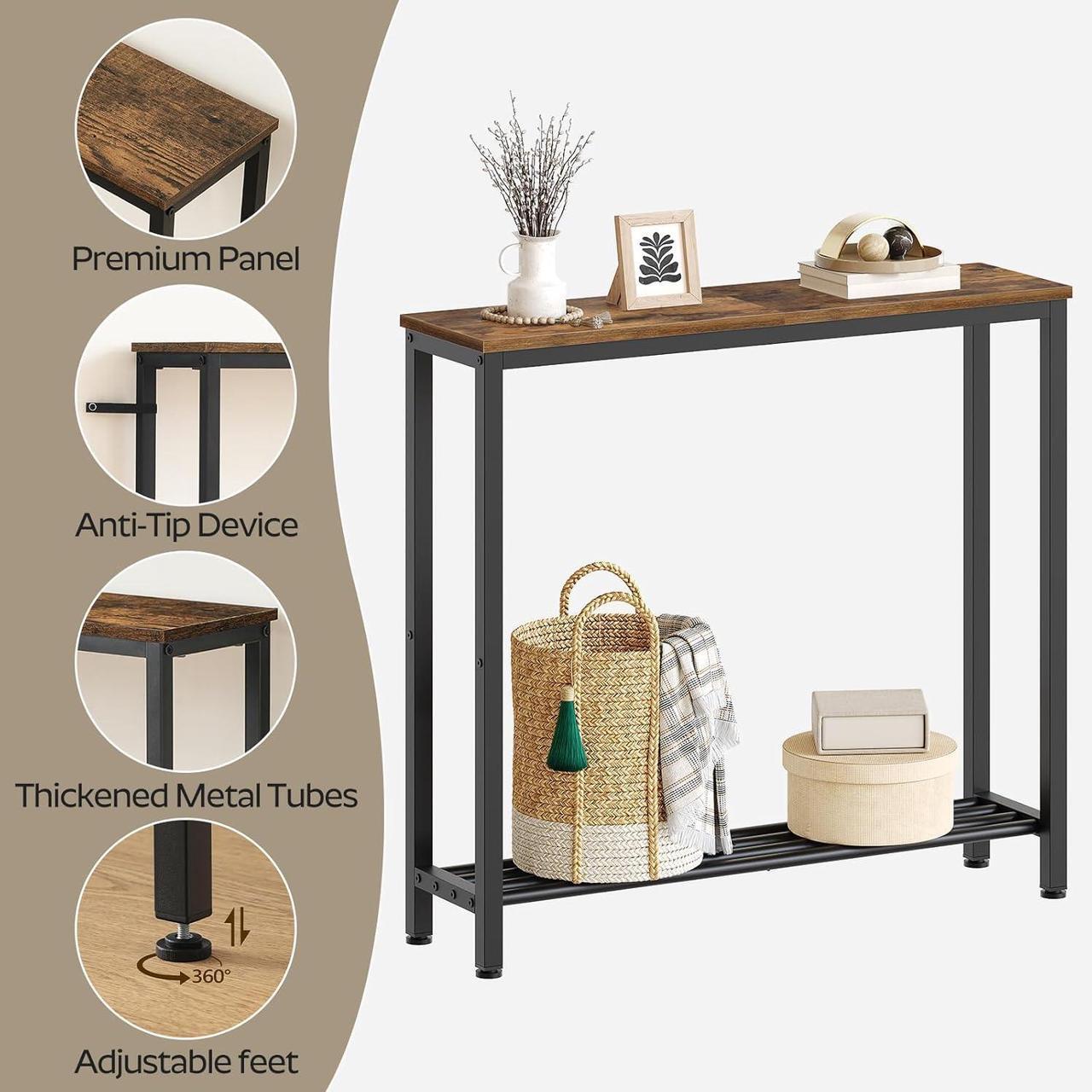 Alt view image 6 of 7 - Narrow Console Table, 2-Tier Small Sofa Table, 29.5" Thin Entryway Table, Behind Couch Table with Shelves, Industrial Hallway Table, for Living Room, Foyer, Rustic Brown and Black CT03BR