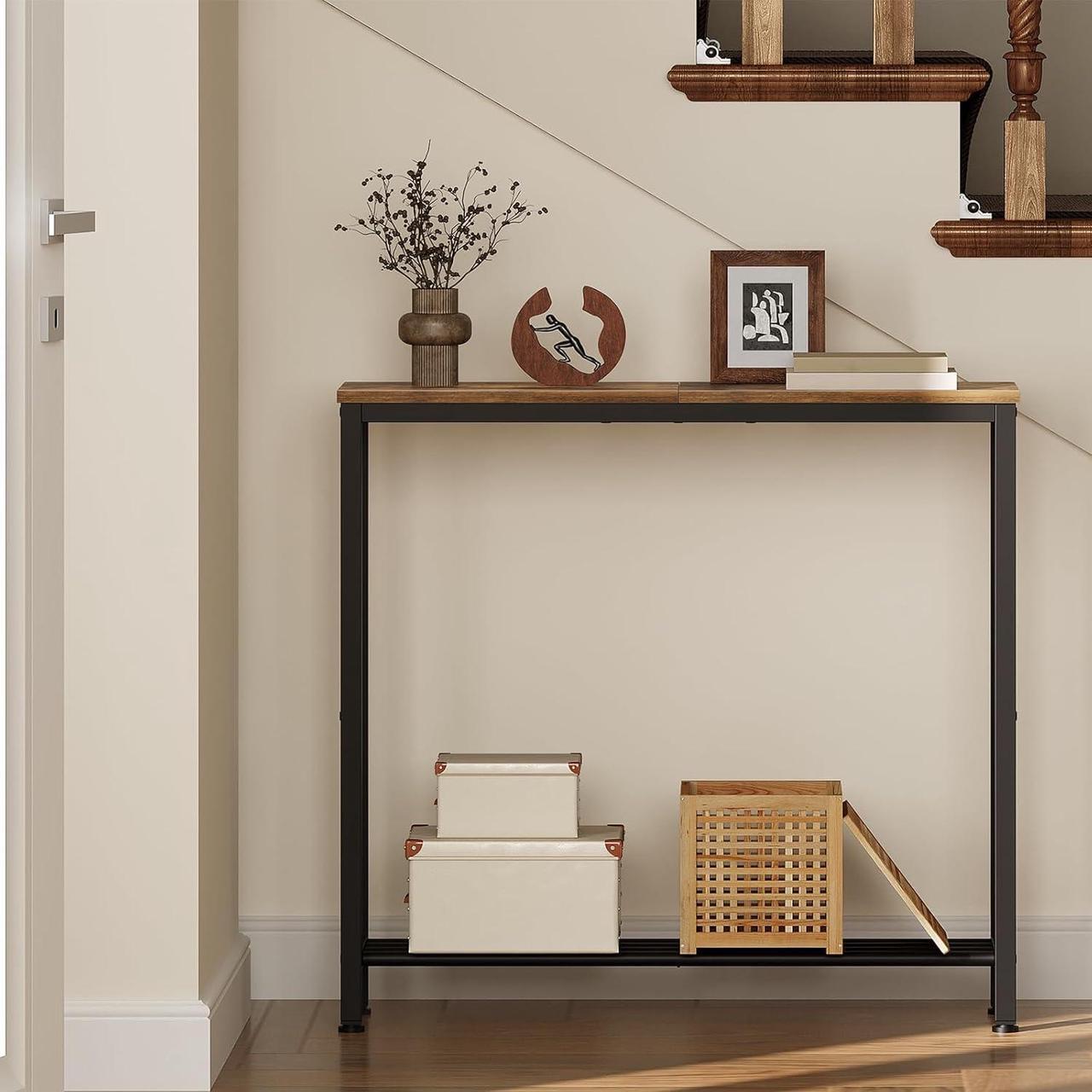 Alt view image 7 of 7 - Narrow Console Table, 2-Tier Small Sofa Table, 29.5" Thin Entryway Table, Behind Couch Table with Shelves, Industrial Hallway Table, for Living Room, Foyer, Rustic Brown and Black CT03BR