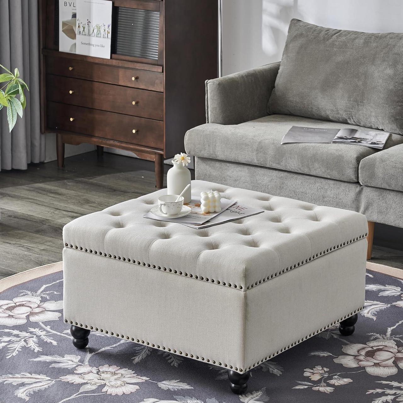 Alt view image 3 of 7 - Square Storage Ottoman Bench Ottoman Coffee Table Bench Oversized Coffee Table Ottoman Bench with Storage for Living Room