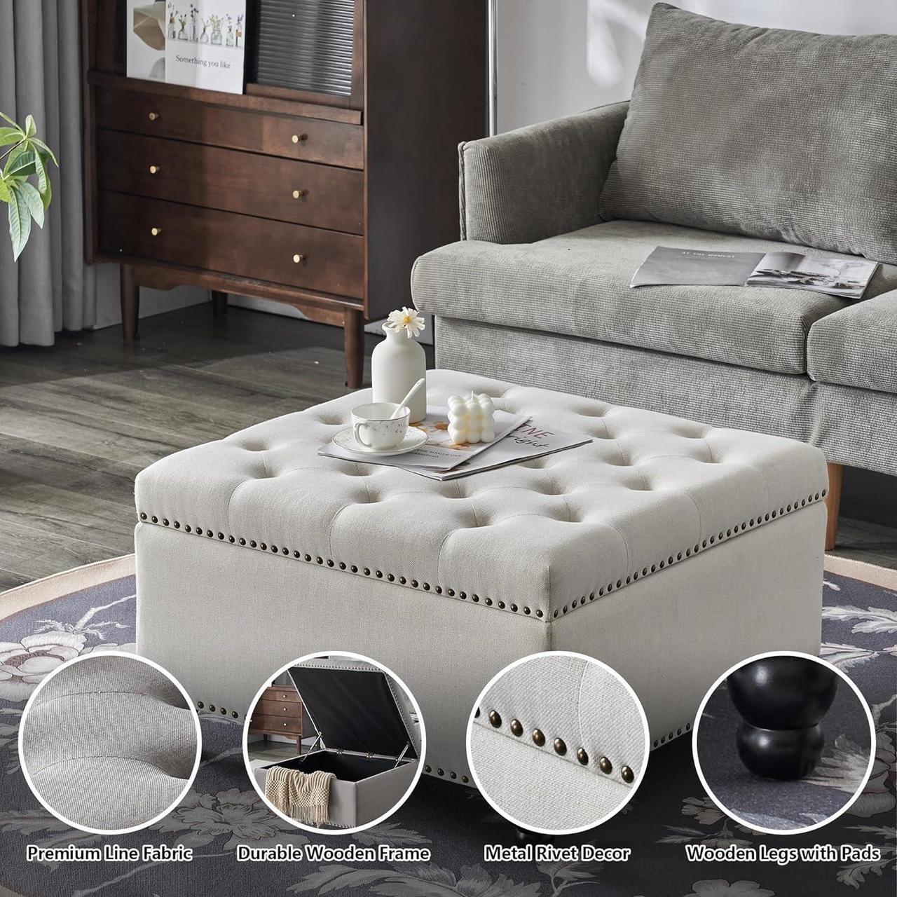 Alt view image 6 of 7 - Square Storage Ottoman Bench Ottoman Coffee Table Bench Oversized Coffee Table Ottoman Bench with Storage for Living Room